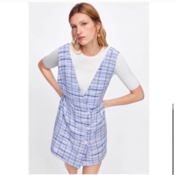 Zara Checked Pinafore Blue Tweed Dress Size Medium - Picture 3 of 9